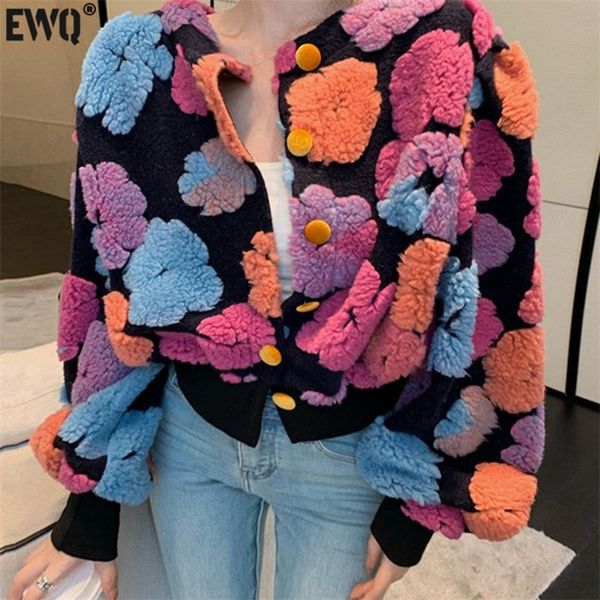 

women's knits tees ewq autumn three-dimensional flower bubble sleeve o neck plush cardigan short warm coat women red clothing r172 220, White