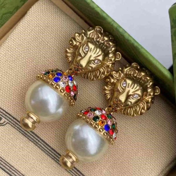 

street fashion women earrings luxury designer jewelry pearl lion earring ladies ear studs retro designers d2111036f, Golden;silver