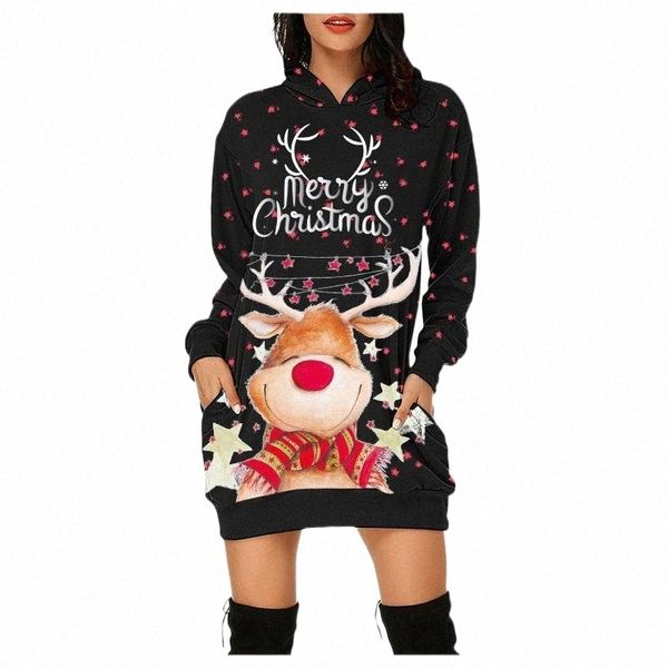 

casual dresses women's fashion merry christmas cartoon prints bag hip pocket long sleeves hoodies sweatshirts dress with pockets #t3g a, Black;gray
