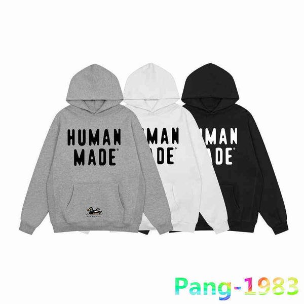 

men's hoodies sweatshirts streetwear human made hoodies 2022fw men women letter print hooded sweatshirts heavy weight plush cotton pull, Black