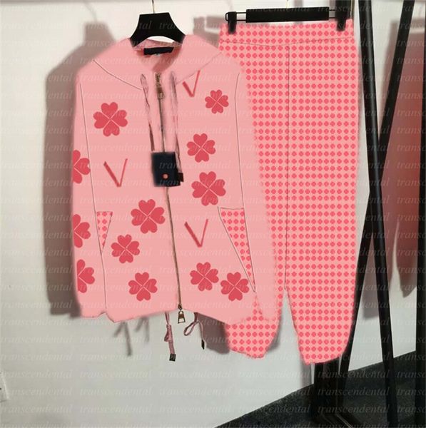 

pink women's two piece pant casual hoodies suit set flower zipper long split pants light quality lady tracksuits, White