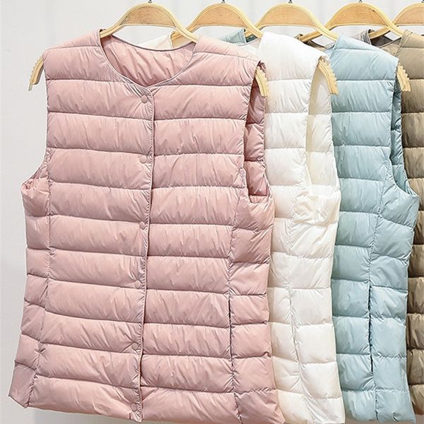 

womens down parkas ultralight down vest women singlebreasted sleeveless female duck down waistcoat puffer feather padded warm jacket 220914, Black