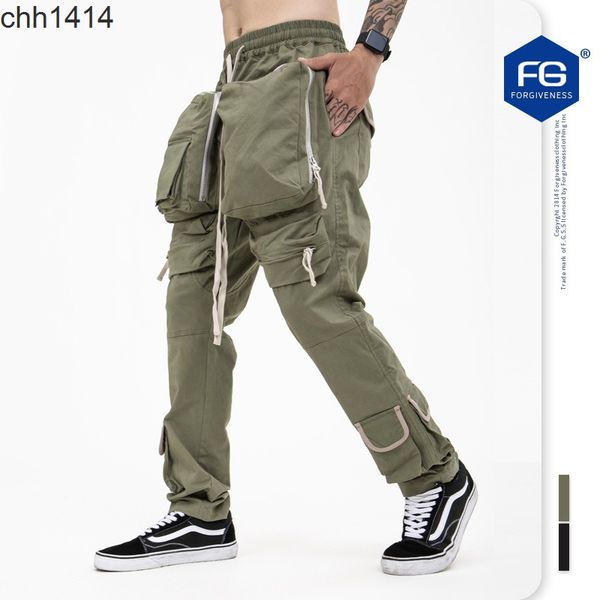 

2021 autumn and winter new fashion brand functional wind work pants multi pocket high street leisure pants, Black