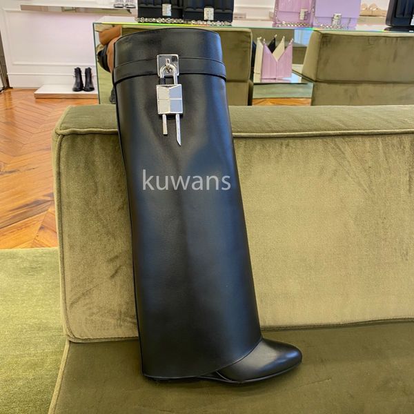 

designer shark lock boots biker black leather knee tall boots rain long ankle fold-over luxury womens sharks high straight height booted 9cm