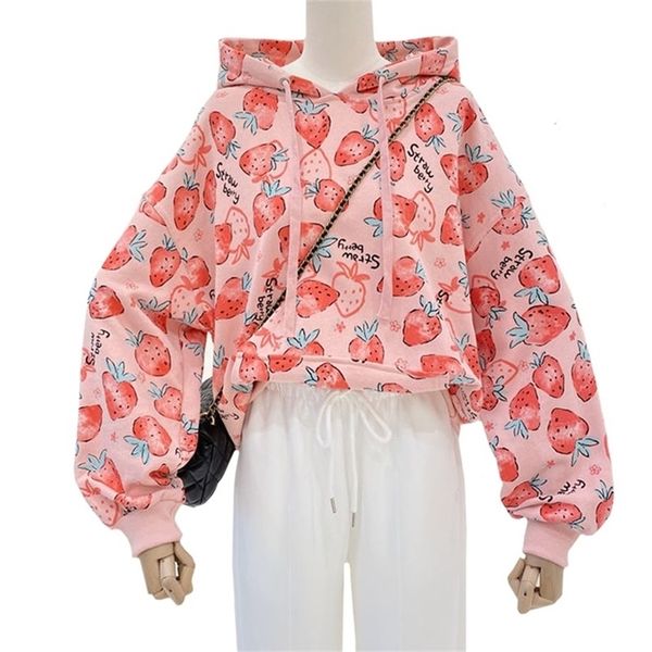 

women s hoodies sweatshirts spring autumn thin pink sweet girly style hoodie casual loose sweatshirt harajuku print milk strawberry pullover, Black