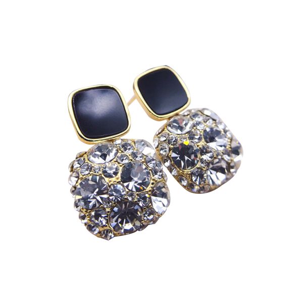 

s925 silver bar black square ear stud fully-jewelled gemstones earrings for women and girls, Golden;silver