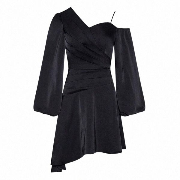 

casual dresses v neck single one shoulder lantern sleeves asymmetrical ruffle black satin dress q4rm#, Black;gray
