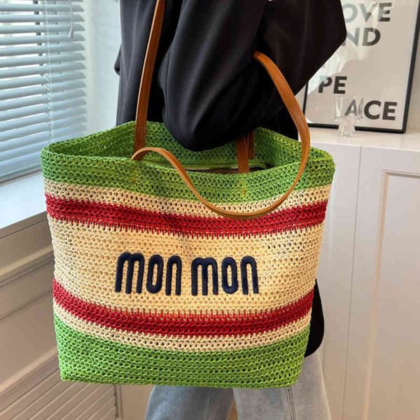 

straws bags popular color contrast stripe weaving large capacity beach straw bag tot bag purses outlet