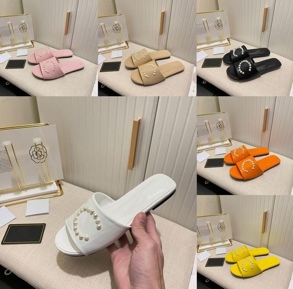

women pearl slippers pu leather fashion open toe slipper flat bottom summer sandy beach shoes sandals designer new style women leisure sanda, Black