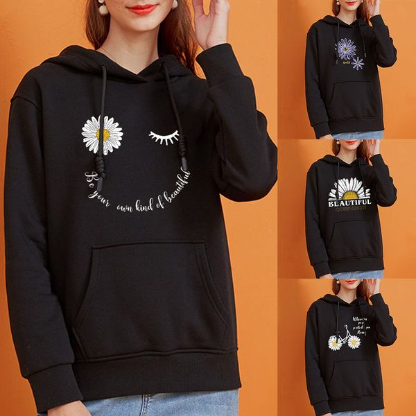 

women s hoodies sweatshirts fashion brand spring and autumn fresh little chrysanthemum print pattern hoodie with hood warm sweatshirt casual, Black