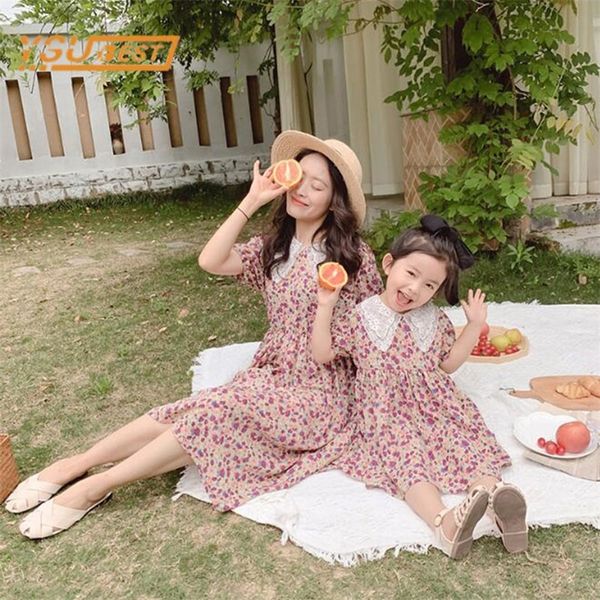 

family matching outfits summer fashion mother and daughter short sleeve printing dress clothes clothing 220914, Blue