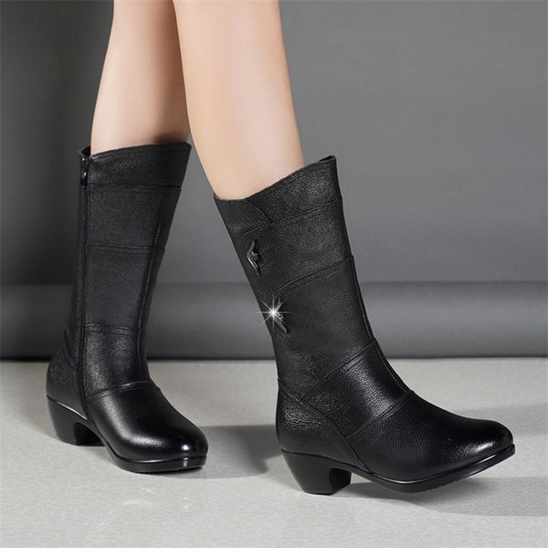 

boots women s platform boots leather round toe ladies shoes winter thick with mid calf 220913, Black