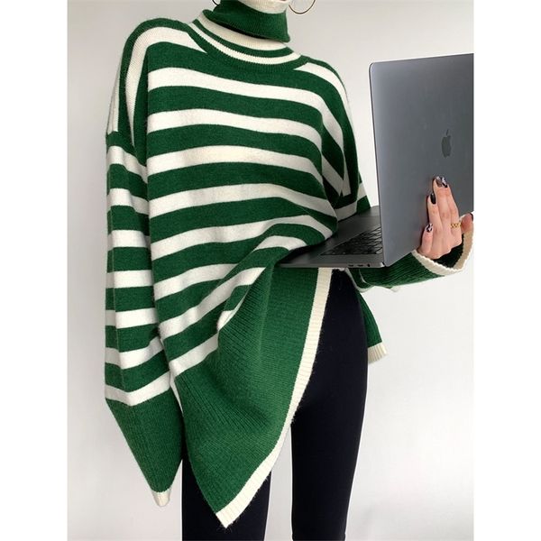 

women's knits tees turtleneck sweater women autumn winter pullovers striped 220914, White