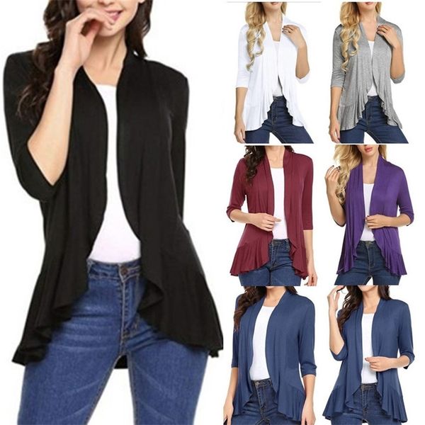 

women's knits tees women's cardigan spring summer autumn clothing solid color slim ruffle hem three quarter sleeve thin simple coa, White