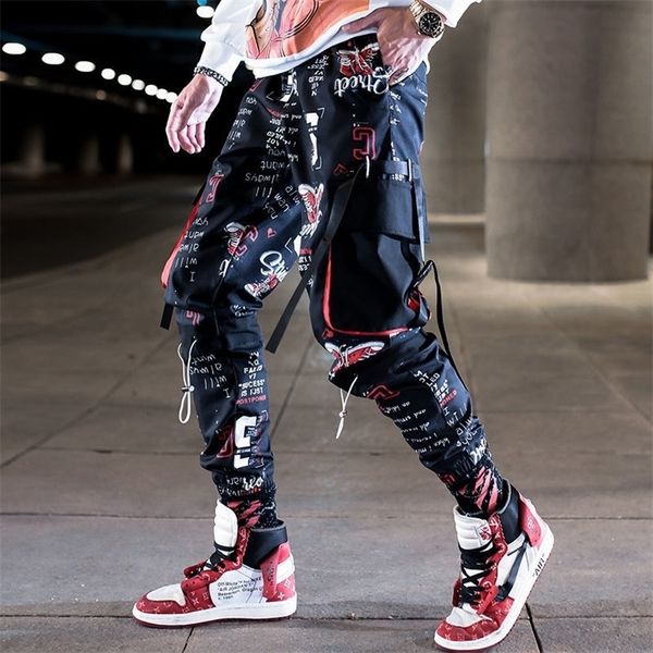

men's pants man fashion streetwear stitching color joggers hip hop long men elastic waist cargo 220914, Black