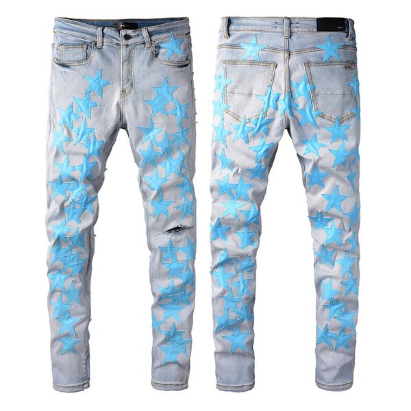 

2021 mens jeans distressed motorcycle biker jean rock skinny slim ripped hole letter uality brand hip hop denim pants 856, Blue