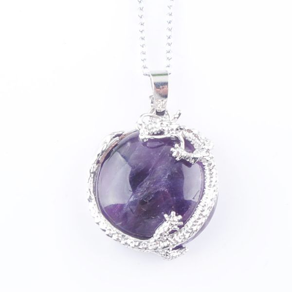 

custom natural necklace dragon around flat round bead dangle gem pendant crystal stone dainty minimalist gift pbn313, Silver