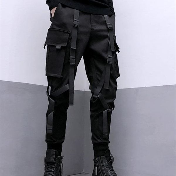 

men's pants pfnw darkwear safari style webbing spliced cargo pants men high street streetwear elastic waist slim tactical techwear 12a1, Black