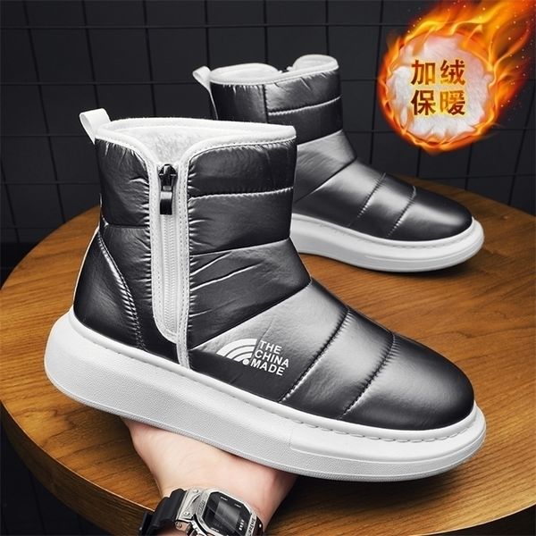 

boots winter mens snow boots trend plus fleece warmth shiny side zipper platform shoes 220913, Black