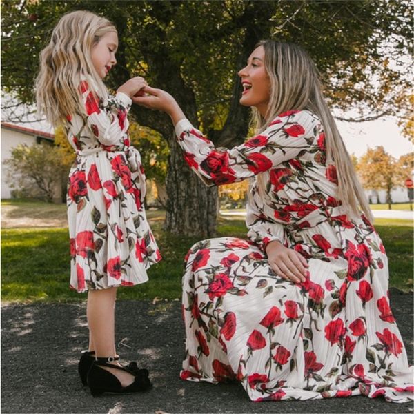 

family matching outfits printed mother daughter suit european and american flower dress parent child suit long sleeve long dress family matc, Blue