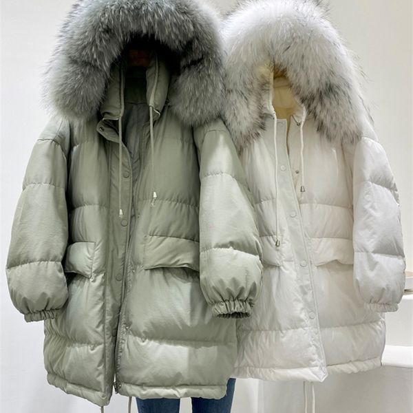 

womens down parkas womens big fur collar down coat winter fashion loose warm hooded jackets ladies white duck down parkas 220914, Black