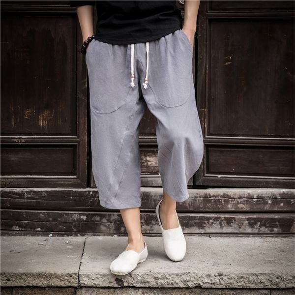 

men's pants chinese loose men's cotton linen pants male summer breathable solid color linen cropped pants fitness streetwear plus, Black