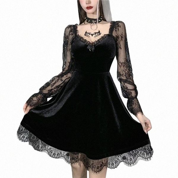 

casual dresses vintage dress ladies gothic clothes solid color lace stitching v neck long sleeve punk style party clothing z5tu#, Black;gray