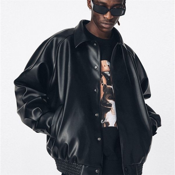 

men's leather faux mauroicardi autumn casual oversized black pu jacket for men style raglan sleeve turndown collar loose korean fashion