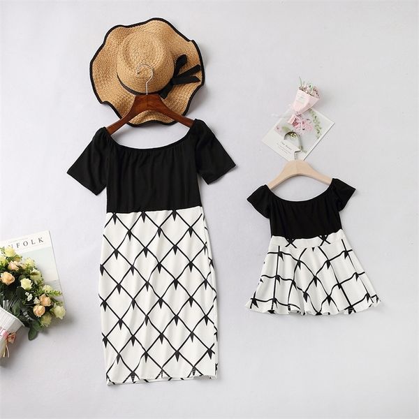 

family matching outfits mommy and me clothes parent-child mother girl off-the-shoulder printed skirt one-shoulder women's clothing 2209, Blue