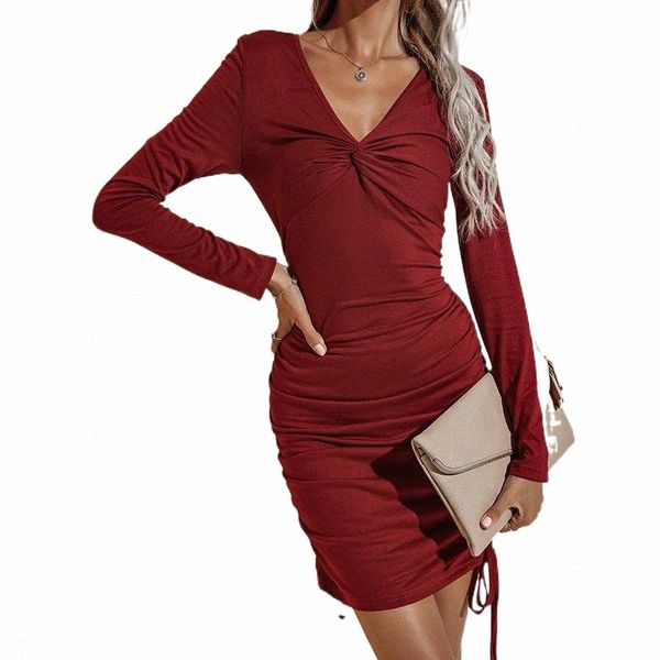 

casual dresses 2021 women v neck long sleeve lace up shirring dress ladies solid party mini skirt autumn bodycon vestidos v9zr#, Black;gray