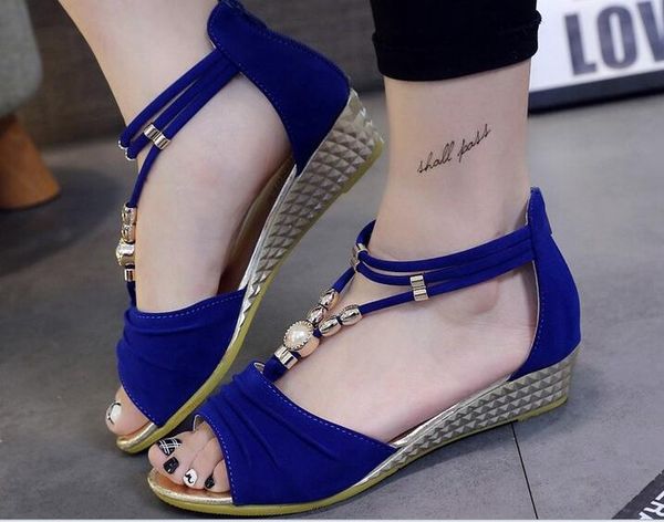 

ladies sandals shoes heel sandals roman sandals summer wedge back zipper fish mouth beaded low comfortable, Black