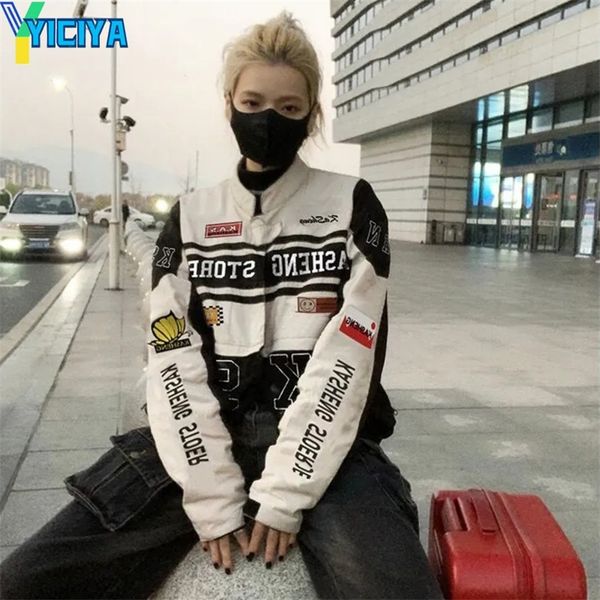 

women's jackets yiciya bomber woman varsity jackte long sleeves race car jacket vintage detachable hem coat summer american baseball co, Black;brown