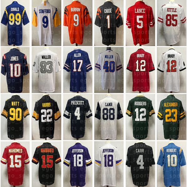 

tom brady football jerseys allen kupp donald carr adams jacobs chase burrow rodgers cook jefferson knox mahomes lamb diggs parsons williams, Black;red