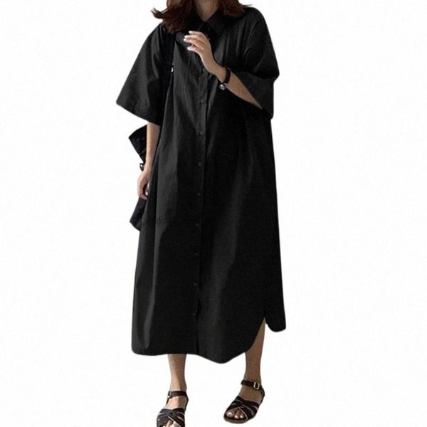 

casual dresses short sleeve mid-calf vestido women's autumn sundress stylish solid shirt dress female clothing lapel button robe p9j1#, Black;gray