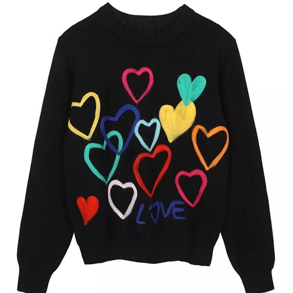 

women's knits tees spring women lovely sweater o-neck colorful candy color heart embroidery knitwear slim all-match pullover femme c-19, White