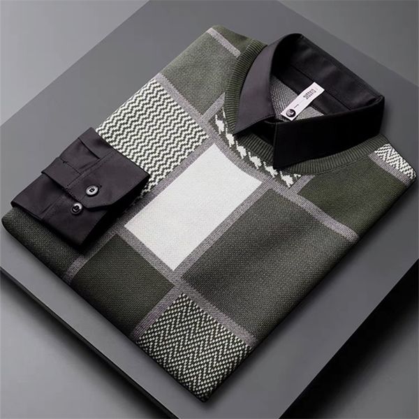 

mens sweaters luxury highend stitching fashion plaid fake twopiece sweater mens autumn and winter shirt collar thick knitting pullover men 2, White;black