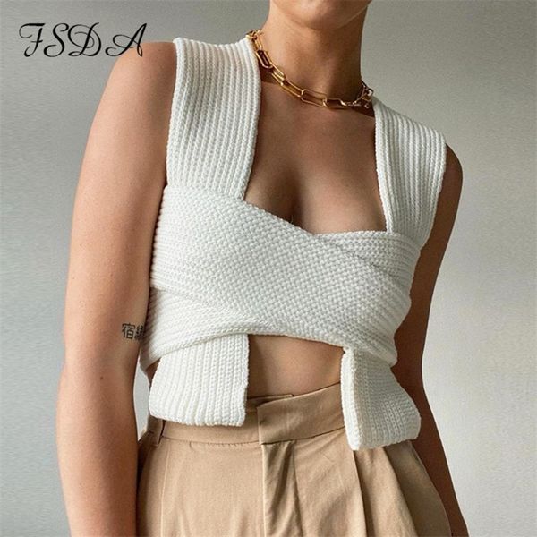 

women's knits tees fsda sleeveless knitted crop sweater autumn summer fashion vest black casual white jumper female pullover 220914