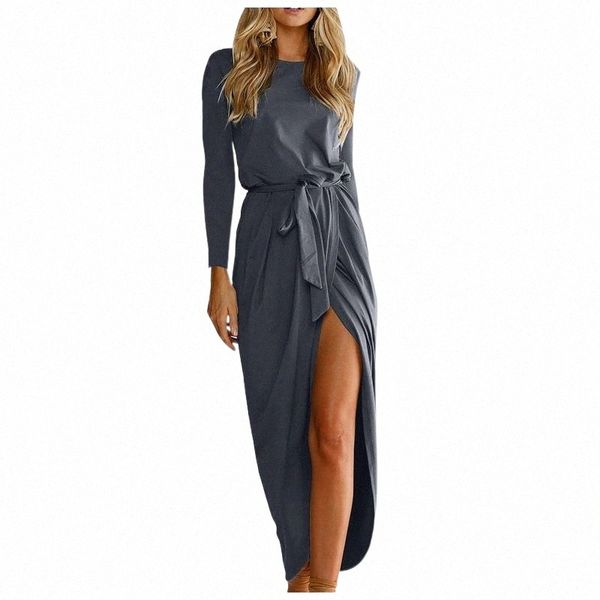 

casual dresses women's elegant party dress solid color long sleeve waistband o-neck slim irregular high split club 15a6#, Black;gray