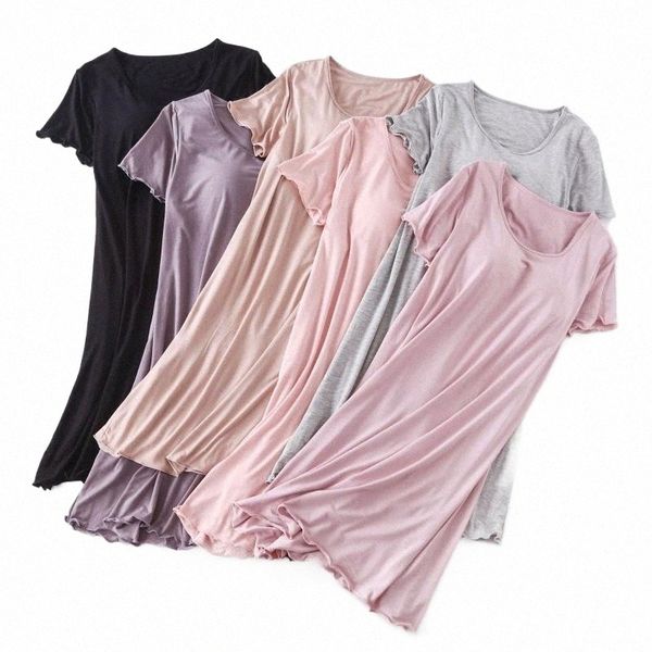 

women's sleepwear modal short sleeve nightdress with breast pad thin dress nightgown summer home wear nightwear sleep n6ll#, Black;red