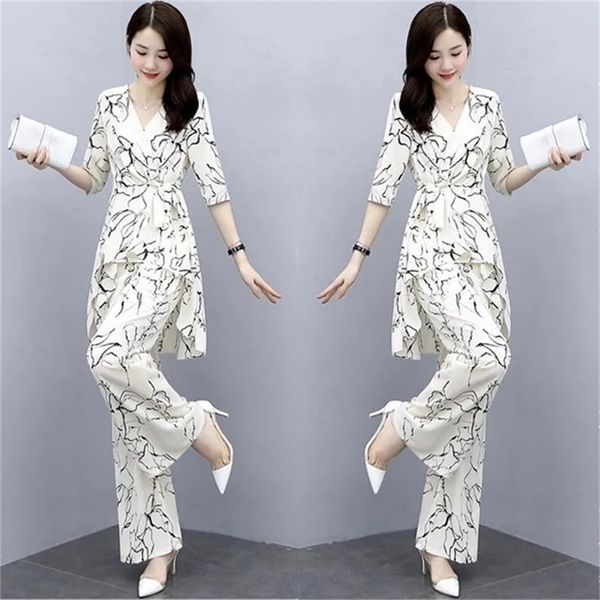 

women's two piece pants oversize women summer clothing set fashion high waist wide leg pants irregular hem two pieces suits good quali, White