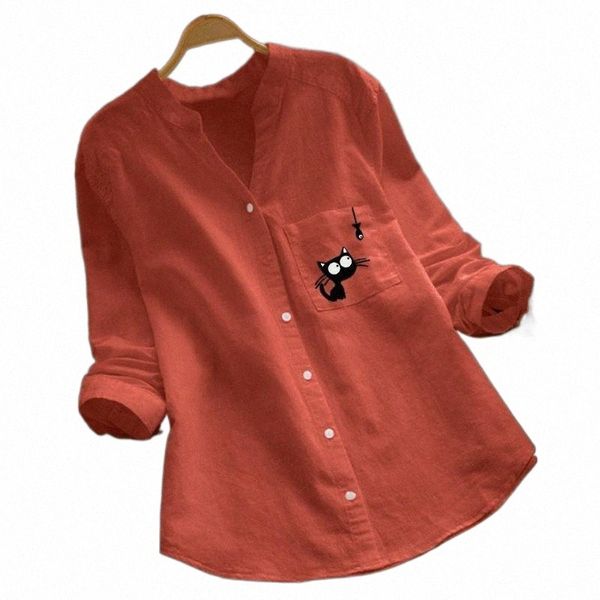 

cat printed women and bloues cotton linen long sleeve shirt blouse button down chemise longue femme plus size women's blouses & shirts, White