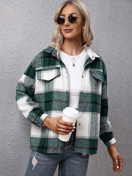 

womens jackets autumn checkered jacket women winter plaid jacket overshirt ladies warm thicken button shirt jacket coat women 220915, Black;brown