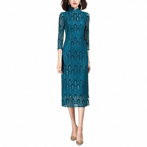 

slim new 2021 spring chinese traditional cheongsam elegant lace dress for women a8ky#, Black;gray