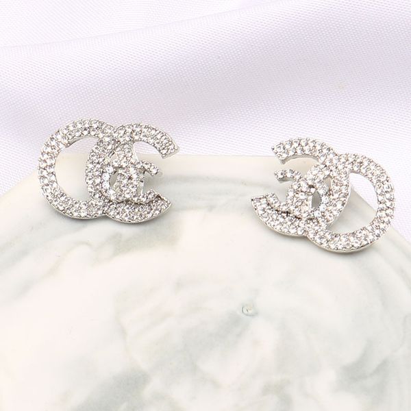 

simple 18k gold plated 925 silver luxury brand designers mini double letters stud geometric famous women round crystal rhinestone earring we, Golden;silver