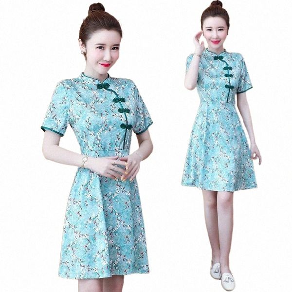 

plus size -4xl summer 2021 short sleeve blue print qipao for women chinese modern cheongsam dress party traditional clothes 05pp#, Red