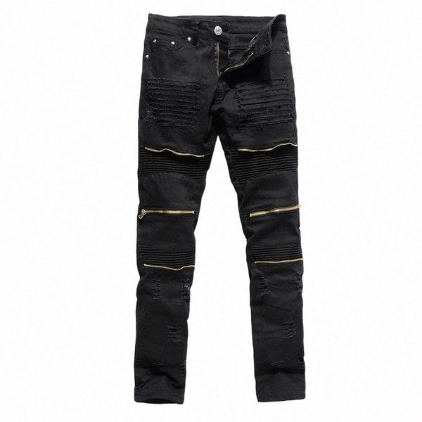 

men's jeans men folds ripped casual biker denim stretch pants solid slim fit male street skinny pant vintage youth jean l6vg#, Blue