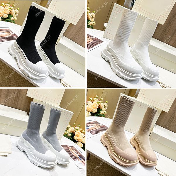 

designers women boots tread slick boot graffiti knitting sock booties rubber tread platform casual shoes oversized sole sneakers, Black