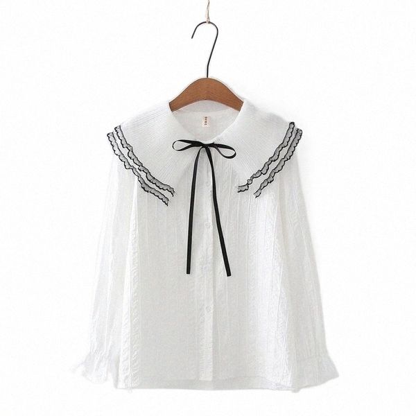 

white ruffled collar lace up women blouse 2021 autumn long sleeve single-breasted shirt koran style femme office basic women's blouses