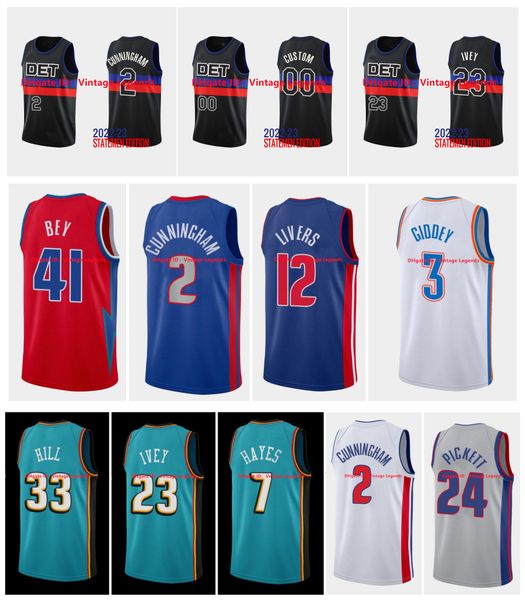 

custom 2 cade cunningham piston 2022-23 classic basketball jersey kemba walker jaden ivey grant hill saddiq bey isaiah stewart hamidou diall, Black;red