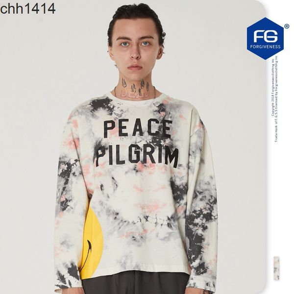 

2020 autumn and winter tide brand tie dyeing paint brush smiling face printing loose men's long sleeve t-shirt, Black
